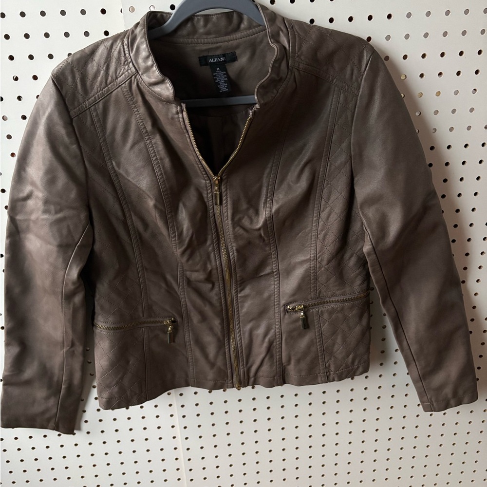 Alfani Taupe Faux Vegan Leather Moto Jacket Women’s size M